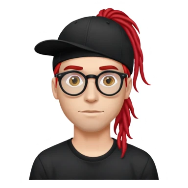 white man with red dreadlocks, wearing a black t-shirt, a black baseball cap with a straight ponytail and red round glasses sticker
