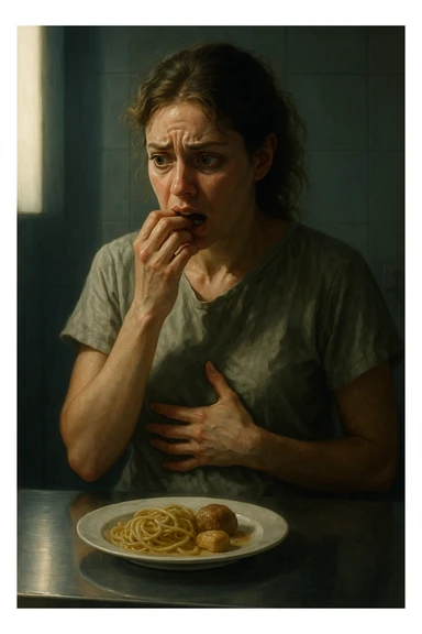 realistic illustration of a woman showing nervous hunger during menstrual cycle, posture and gestures suggesting desire to eat, clinical atmosphere, dramatic lighting, no text, vertical 2:3 format sticker