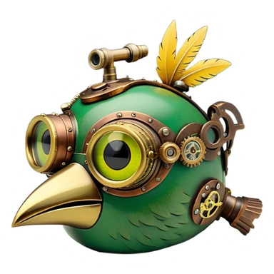 “Create an expressive emoji combining a vibrant green cartoon bird head (with a large round eye and yellow beak) and a detailed steampunk aesthetic. Integrate polished brass and copper gears into its feathers, add riveted metal plates along the beak, place a pair of vintage brass goggles above its eye, and include small clockwork mechanisms and a subtle steam plume rising behind it. Render as a cohesive emoji icon with clean lines, balanced colors, and a hint of aged patina.” sticker