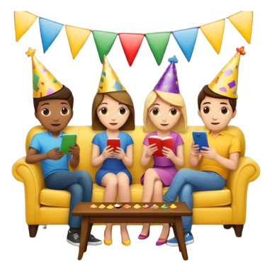 group of friends on couch playing a trivia game couch should be deep dark yellow color.  include a small wooden table in front of the couch as well sticker
