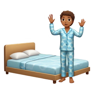 A person stands beside their bed, rolling out groggily with determination. The bed behind them is neatly made, a mirror in front of them shows them high-fiving their reflection. A glowing sunrise outside signals the start of a productive day. sticker