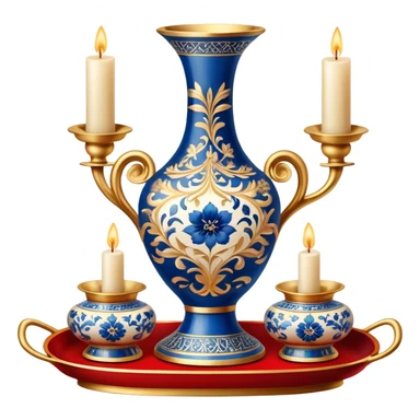 Metal painting icon, a combination of a metal vase, tray, and candlestick, each decorated with different techniques: Gzhel-style blue floral patterns, Chinese red and gold designs, and intricate Golden embroidery-style details. Visible fine paintbrush, paint pots, and accessories like porcelain palette, minimalistic style, clean lines, transparent background. sticker