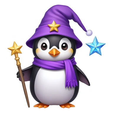 A cute penguin wearing a purple wizard hat and holding a magic wand with a star on the tip sticker