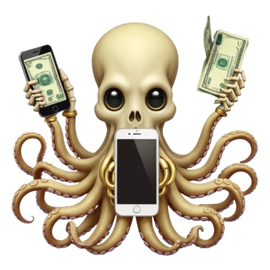 Intimidating octopus skeleton. Evil looking eyes, wearing a gold necklace. 3 tentacles are holding their own cellphone with one held to the side of its face as if its on a phone call, 2 other tentacles are holding stacks of money sticker