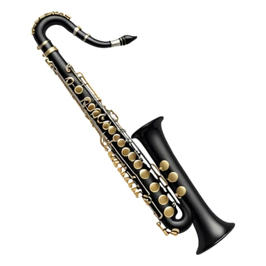 Create an elegant and detailed emoji representing a clarinet. The design should feature the sleek, black wood finish of the clarinet with its shiny metal keys clearly visible. Highlight the intricate details, such as the bell at the end and the carefully crafted mouthpiece with the reed. Use black wood tones for the body of the instrument and silver or brass accents for the keys. Add subtle musical notes or soundwaves floating around the instrument to evoke the smooth, melodic sound of the clarinet. The background should be transparent. sticker