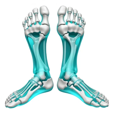 3D render of Foot Bones, X-Ray imaging aesthetic, translucent materials showing internal structure, top-down view of foot bones in cyan glow, medical scan style, emoji style, isolated on white background --v 6.0. sticker