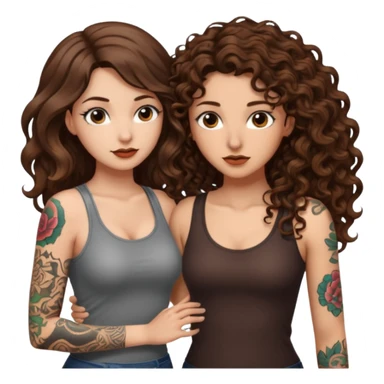whisper plan — long wavy brown hair tattooed woman and short tight curly brown hair woman — leaning close plotting sticker