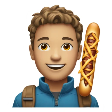 smiling boy in mountain portrait with hotdog sticker