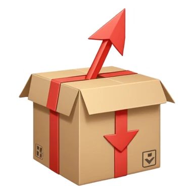 Minimal line-art icon of a shipping box with an arrow going up or a price tag, simple modern style, clean outlines, slightly 3D, no background, transparent, represents “reselling / e-commerce / flipping items” sticker