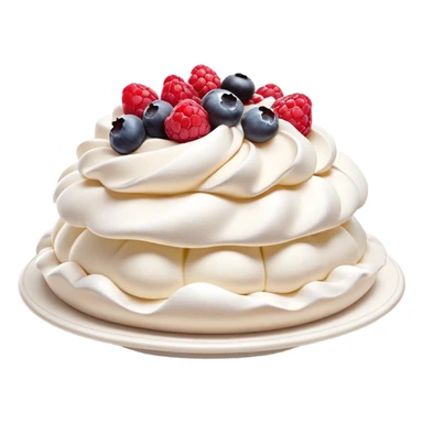 Cinematic Realistic Pavlova Dessert Emoji, showcasing a delicate meringue dessert topped with fresh fruit rendered with lifelike texture and soft natural lighting. sticker