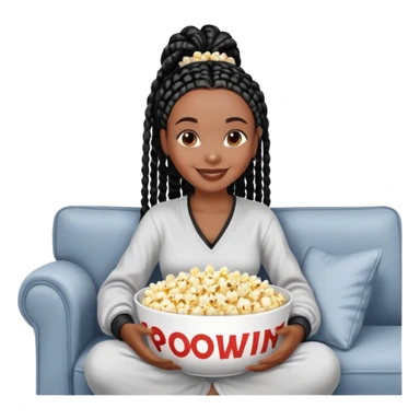 A dark-espresso skinned Black woman with black box braids, holding a large bowl of popcorn in her lap, smiling, wearing comfy loungewear sitting on couch. sticker