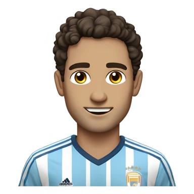 Slender, dark-haired man, around 30 to 40 years old, brown eyes, short hair on the sides, slightly longer and somewhat curly on top, waving friendly while wearing an Argentina national team jersey sticker