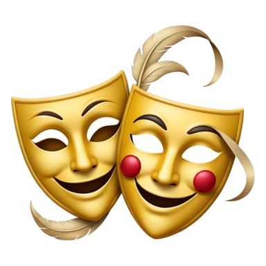 Create a dramatic emoji representing dramaturgy. The design should feature a classic theatre mask (comedy and tragedy), with one mask displaying a smiling face and the other a sad one. Include elements like a quill or fountain pen to symbolize the writing process, with dramatic lighting or shadows to enhance the theatrical feel. The background should be elegant, possibly with a curtain or spotlight effect, evoking a sense of drama and performance. Make the background transparent. sticker
