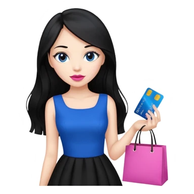 Girl with long black hair, pink lipstick, brown eyes holding shopping bags and blue credit card and wearing a black dress  sticker