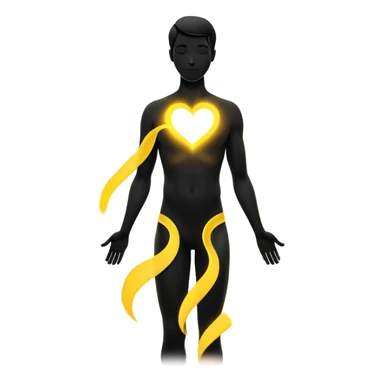 minimalist b&w male silhouette with flowing black-and-white curves across the lower body, now overlaid with a small, softly glowing spark or radiant light near the chest or head — heart symbolizing inspiration, inner fire, and creative energy awakening” style glow yellow sticker