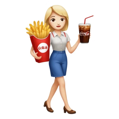 a young woman full length with cola in one hand and french fries in the other hand and a painting under her arm walking left sticker