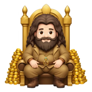 A cartoon Hagrid sitting on a throne made of gold, with piles of treasure around him, looking happy and rich, emoji style sticker