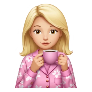 A blonde woman in pink pajamas wakes up to drink coffee. sticker