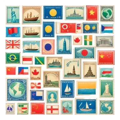 Icon for Stamp Collecting: a collection of vintage and colorful stamps arranged in an album or on a desk, showcasing various countries and themes. The icon should reflect the charm and history of philately. Transparent background. sticker