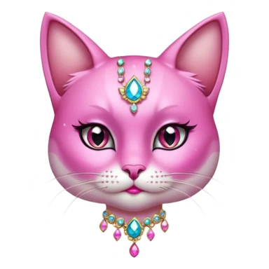 glamorous cat portrait, head and shoulders only, exaggerated pink makeup, bright eyeshadow, long eyelashes, shiny blush cheeks, sparkling face gems, glitter accents, elegant earrings, fantasy beauty style, cute 3D cartoon, mobile game icon style, clean background, no text, no watermark
 sticker