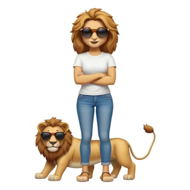 friendly anthropomorphised female lion character, full body, standing confidently with legs shoulder width apart and arms folded, wearing jeans, a white t-shirt, and dark sunglasses, with a confident smile sticker