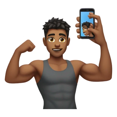 muscular boy taking mirror selfie and cat ears sticker