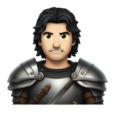white guy with black hair and leather armor with a big sword and an angry face sticker
