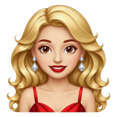 “Emoji girl, glamorous smile, shimmering gold eyeshadow, bold red lips, voluminous waves, dramatic lashes, wearing diamond earrings and gold gown.” sticker