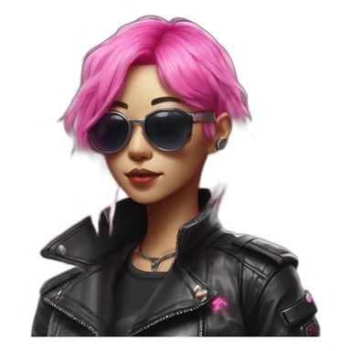A Japanese woman with Pink hair wearing sunglases with Neon highlights and is also waering a leather jacket in a cyberpunk style sticker