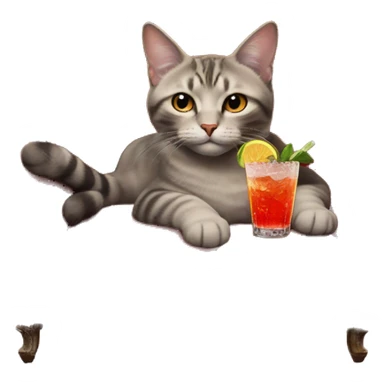 cat laying on vintage red sofa holding a fancy cocktail in its paw sticker