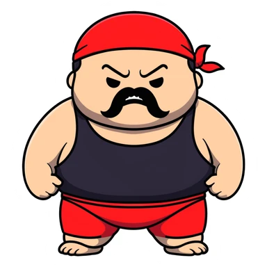 Close-up of morbidly obese white skin guy with young face, prominent BLACK DURAG tied clearly on head, distinct black beard and mustache, no muscle, black eyes in a red and black wrestling singlet with angry face sticker