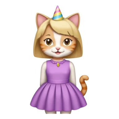 happy girl cat with a bob haircut wearing a birthday dress sticker