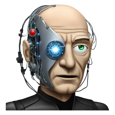 Jean luc picard from Star Trek assimilated by the Borg, with mechanical metal covering the left side of his face, with wires and a red light on the left side. Both his eyes are blue. sticker
