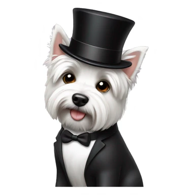 Westie dog with a top hat and a tuxedo sticker
