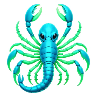 3D render of Radioactive Scorpion, bioluminescent deep sea style, glowing neon blue and green lights, dark background to contrast the glow, translucent organic textures, more emission. sticker