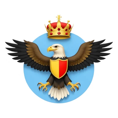 A light blue flag featuring a red and black horizontal stripe across the center. In the middle, a yellow circle contains a golden heraldic eagle with spread wings and a small crown above its head. Flat 2D vector style. sticker