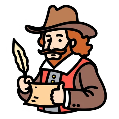 Shakespeare in a cowboy outfit with a scroll and quill sticker