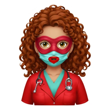 Sensual Spanish Lilith core evil surgeon.red outfit.  Surgeon has hazel-green eyes. Her hair is BROWN. Hair is also  long and  curly. wearing a sexy surgeon outfit with platform  heels.she is a calculated killer. She covers only her mouth and nose with mask to hide identity carries  sticker