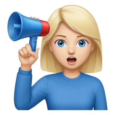 blue eyes blonde girl yelling into megaphone and holding up 1 finger in the other hand siling sticker