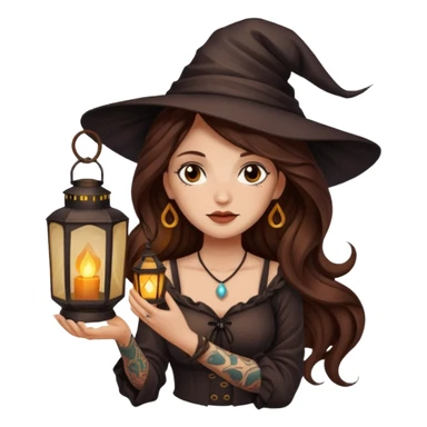 tired night witch woman long wavy brown hair tattoos holding lantern sticker