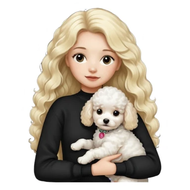 blonde girl with long hair in a black sweater holds a Poodle puppy in her arms sticker