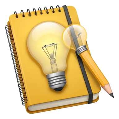 Emoji of a notebook with a pencil and a glowing lightbulb on the cover, iPhone emoji style. Flat design, smooth gradients, rounded edges, soft shadows, clean look, white background. sticker