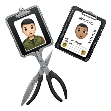 Floating black Scissors cutting in half an idf soldier ID card in 2 parts .hyper realistic sticker