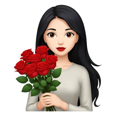 A beautiful girl with long black hair holding a bouquet of roses sticker