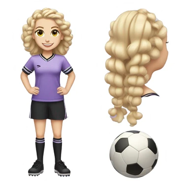 BLONDE GIRL WITH LONG HAIR, WHITE COMPLEXION WITH CURLERS, PLAYING FOOTBALL SMILING WITH BRAIDS, WEARING A LILAC AND BLACK T-SHIRT WITHOUT STRIPES, FULL BODY WITH A BALL sticker