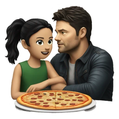 karl urban sitting at a table eating pizza with small white girl with black hair sticker
