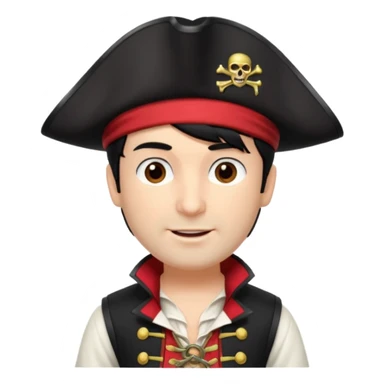 Captain Feathersword of The Wiggles with light skin, brown eyes, black hair, black pirate hat, white pirate shirt with red vest sticker