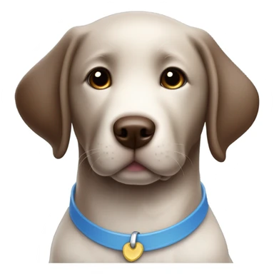 Chocolate labrador adorable little puppy with small white fur on chest and cute blue collar sticker