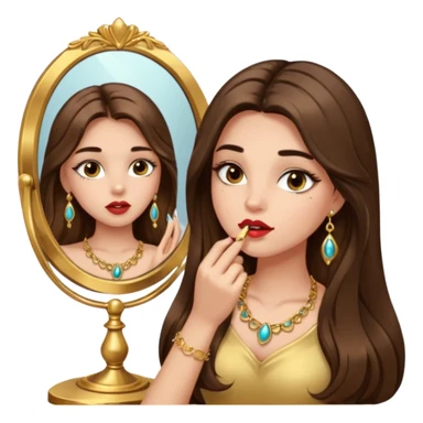 Girl with long brown hair, gold jewelry, and lashes, putting on lipgloss while looking in a mirror  sticker