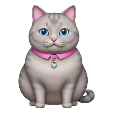 A fat grey cat with a pink collar with blue eyes and standing sticker